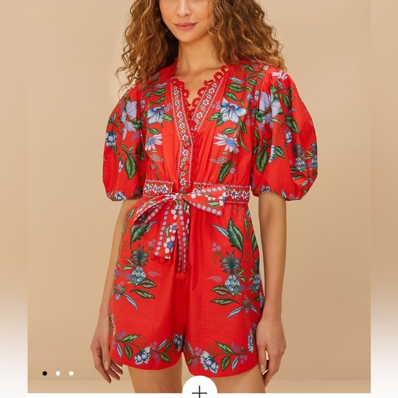 NWT FARM Rio Red Sweet Bloom Bouquet Organic Cotton Romper Size Med 100% Cotton - Picture 1 of 9
